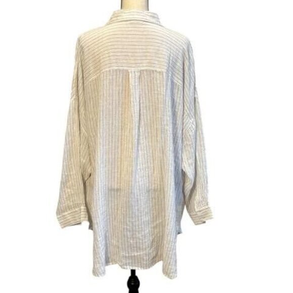 Eileen Fisher Off White Bronze Stripe Organic Linen Button Down Shirt - Picture 2 of 2